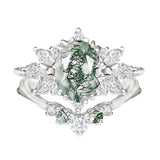 Sterling Silver Personalized  Engraved  Oval Cut Moss Agate Engagement Wedding Ring Set for Women