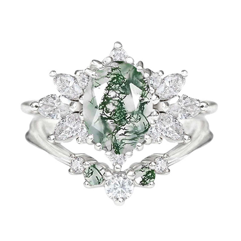 Sterling Silver Personalized  Engraved  Oval Cut Moss Agate Engagement Wedding Ring Set for Women
