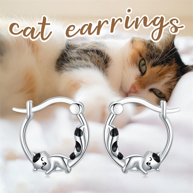 Sterling Silver Raccoon Cat Hoop Earrings