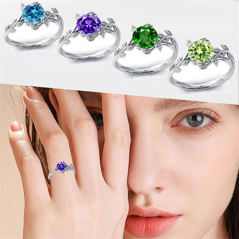 Sterling Silver Round Birthstone  Leaf Promise Ring for Her