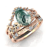 Sterling Silver Personalized Engraved Pear Moss Agate Engagement Black Ring Set Bridal Rings Set