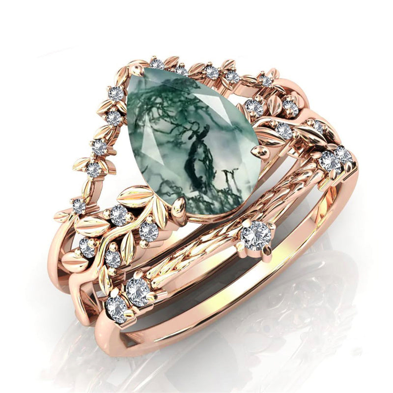 Sterling Silver Personalized Engraved Pear Moss Agate Engagement Black Ring Set Bridal Rings Set
