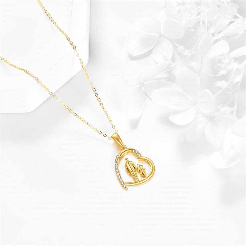 10K 14K 18K Gold Father Daughter Heart Pendant Necklace For Gift
