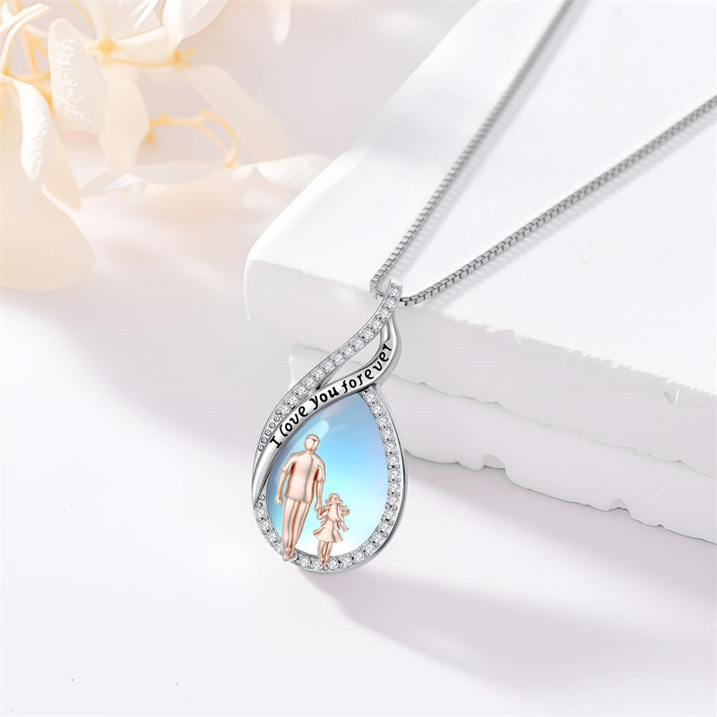 Sterling Silver Moonstone Father-Daughter Pendant Necklace Engraved with I Love You Forever