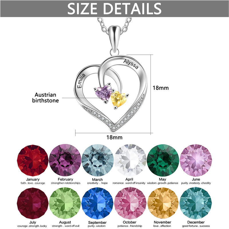 10K 14K 18K Gold Personalized 2 Birthstone Heart Pendant Necklace