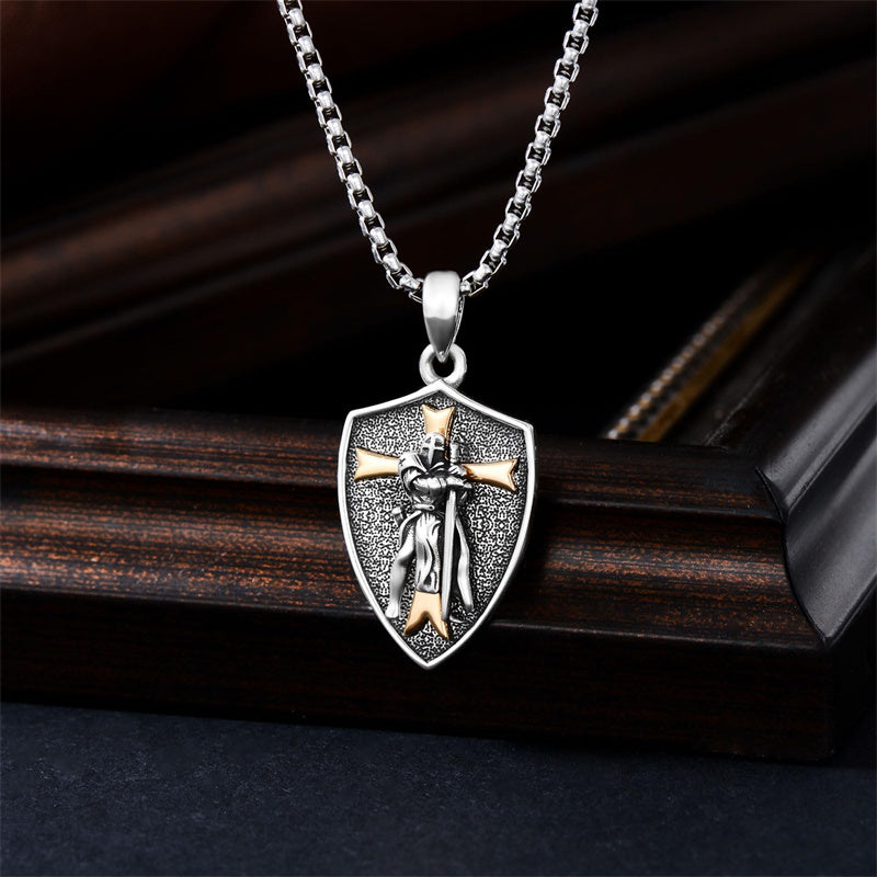 Sterling Silver Knights Templar & Cross Shield Pendant Necklace for Men