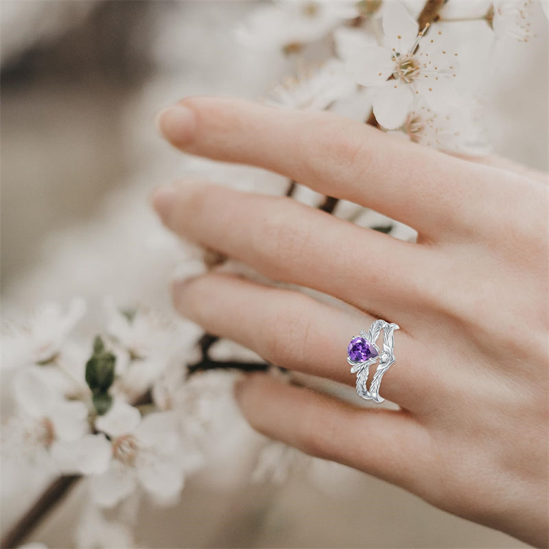 Sterling Silver Pear Cut Vine Leaf Gemstone Engagement Rings Set for Women