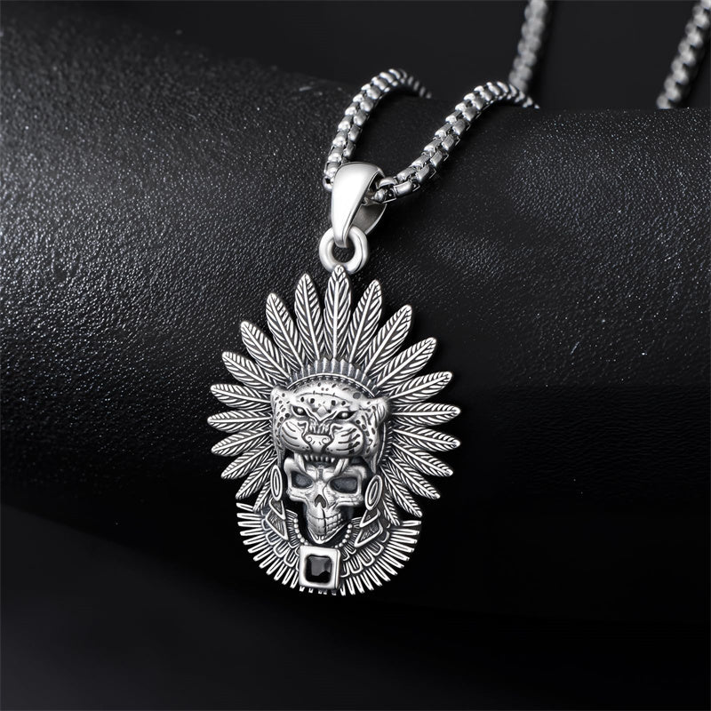 Sterling Silver Mictlantecuhtli Quetzalcoatl Tezcatlipoca Skull Pendant Necklace Aztec Jewelry For Men