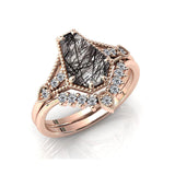 Sterling Silver 10K 14K 18K Personalized Engraved 2CT Natural Black Rutilated Quartz Engagement Ring Set