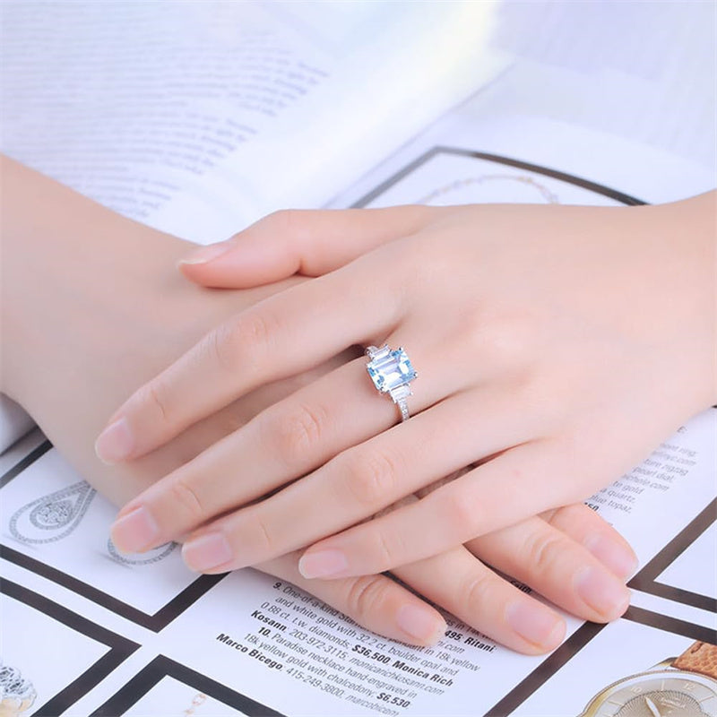 Sterling Silver Emerald Cut 7 * 9MM Sky Blue Aquamarine and White Moissanite  Engagement Ring