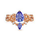 Sterling Silver 10K 14K 18K Gold Pear Cut Gemstone Leaf  Engagement Ring Set