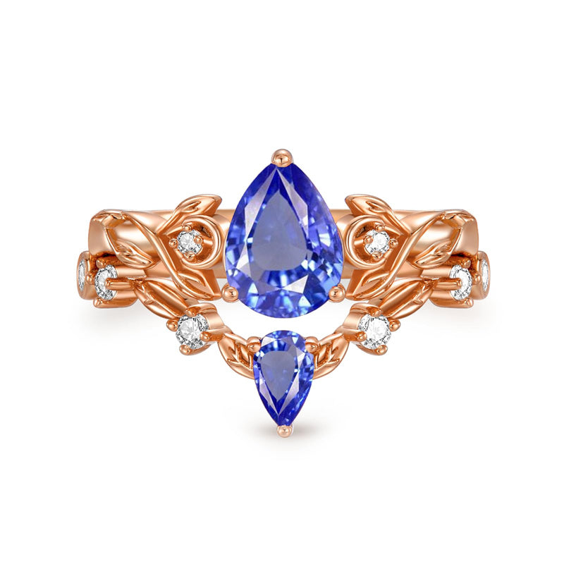 Sterling Silver 10K 14K 18K Gold Pear Cut Gemstone Leaf  Engagement Ring Set