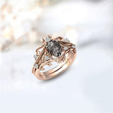 Sterling Silver 10K 14K 18K Personalized Engraved 2CT Natural Black Rutilated Quartz Engagement Ring Set