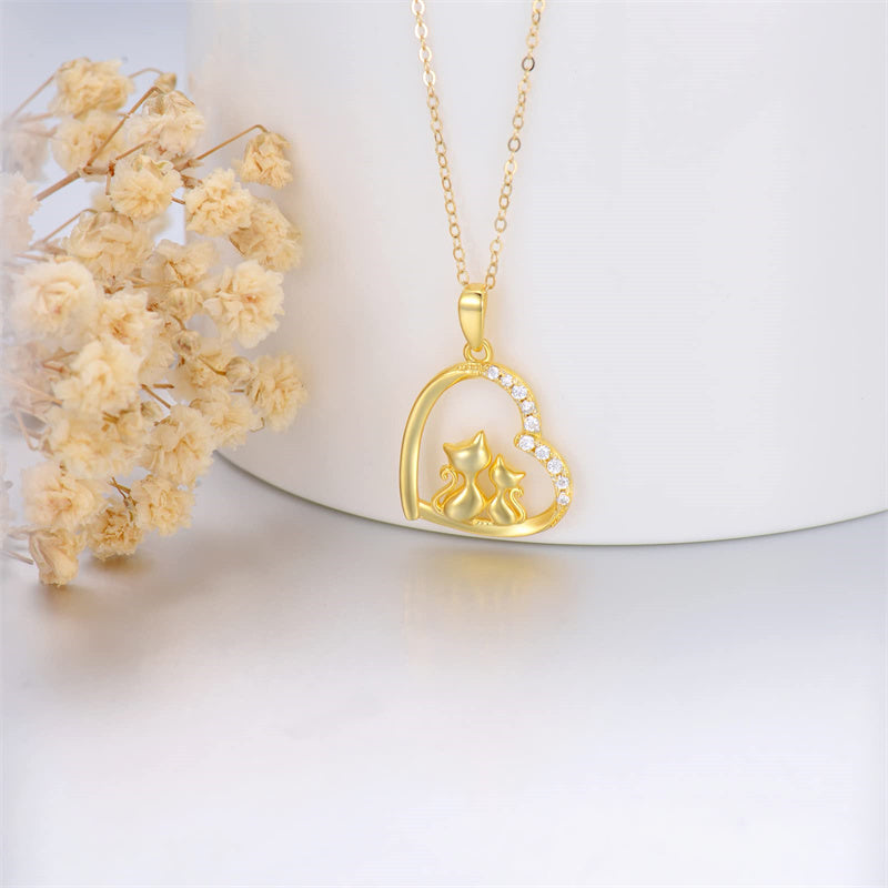 14K Gold 5A Cubic Zircon Cat Heart Pendant Necklace
