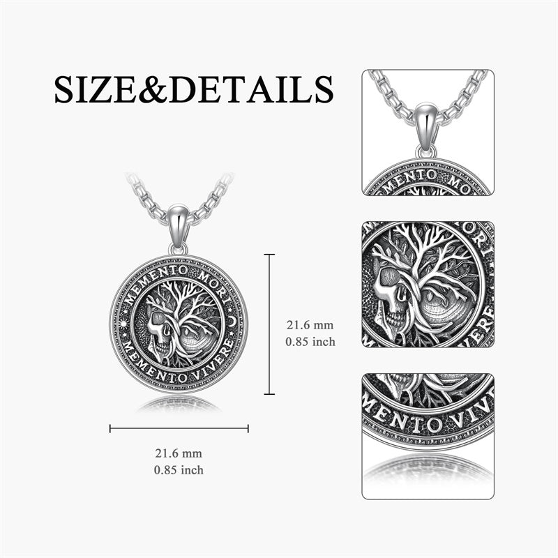Sterling Silver Memento Mori Gothic Skull Amulet Pendant Necklace for Men