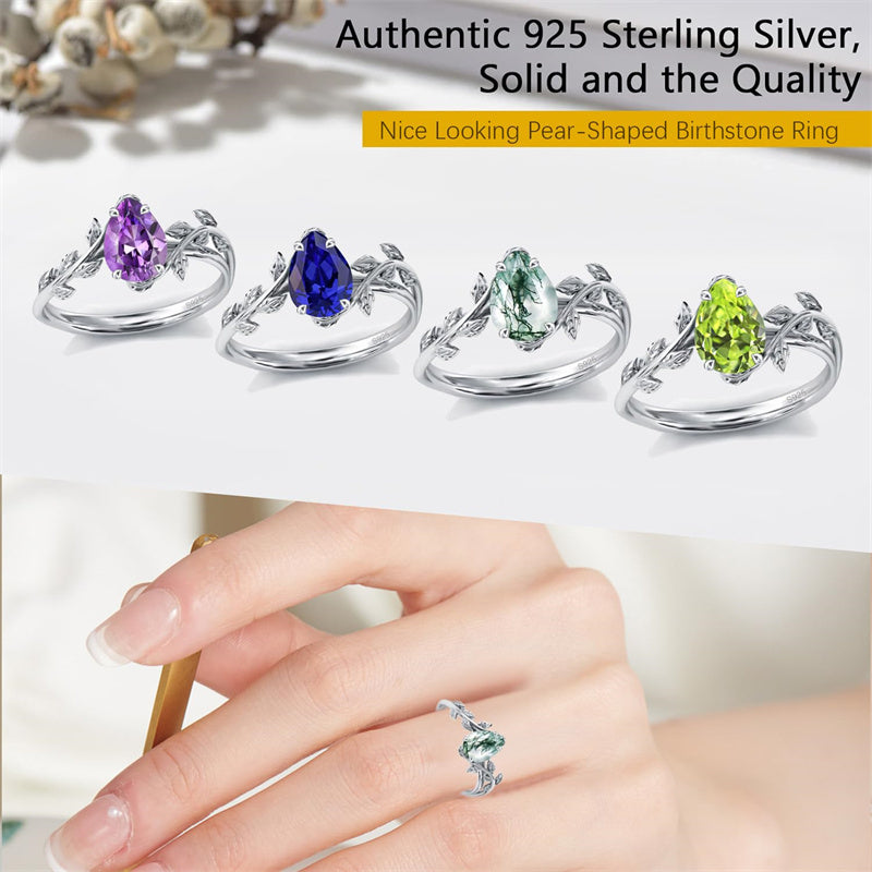 Sterling Silver Pear Birthstone  Leaf Promise Ring for Her