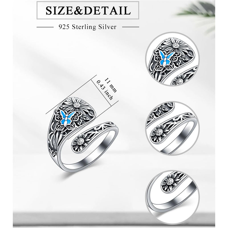 Sterling Silver Personalized Engraved Sunflower Bee Butterfly Adjustable Spoon Ring