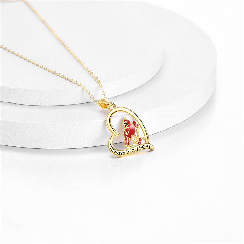 14K Gold Red Cardinal Pendant Necklace Engraved With Always in My Heart