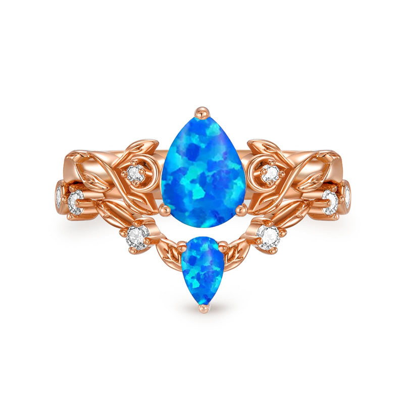 Sterling Silver 10K 14K 18K Gold Pear Cut Gemstone Leaf  Engagement Ring Set