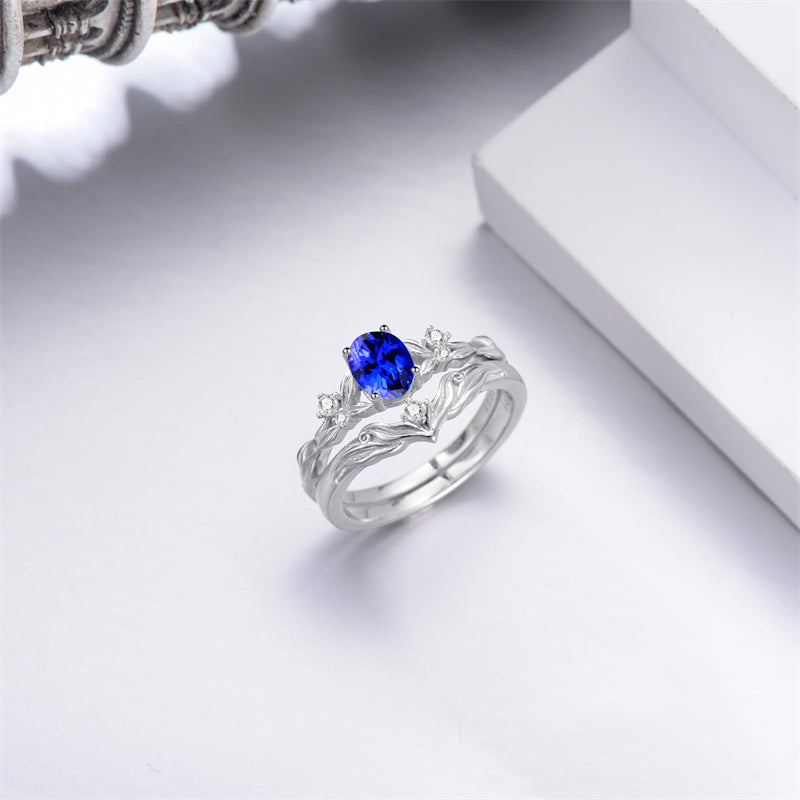 Sterling Silver 10K 14K 18K Gold  Oval Cut Unique Vine Gemstone Wedding Ring Set