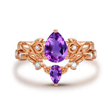 Sterling Silver 10K 14K 18K Gold Pear Cut Gemstone Leaf  Engagement Ring Set