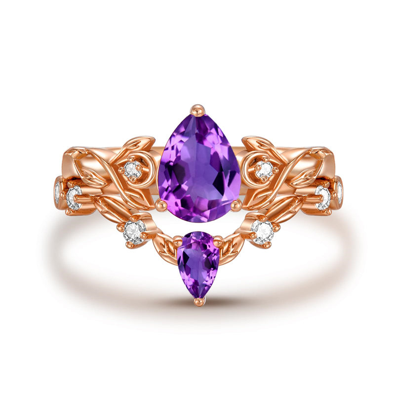 Sterling Silver 10K 14K 18K Gold Pear Cut Gemstone Leaf  Engagement Ring Set