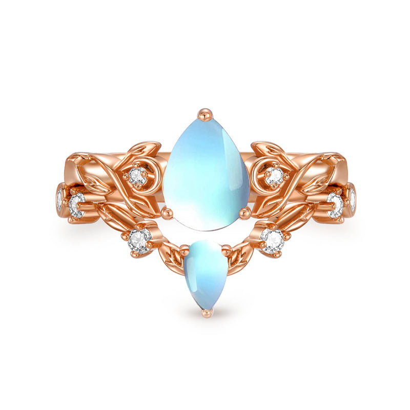 Sterling Silver 10K 14K 18K Gold Pear Cut Gemstone Leaf  Engagement Ring Set