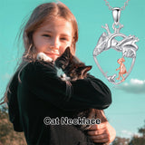 Sterling Silver Anatomical Heart Girl withr Dog Cat Pendant Necklace