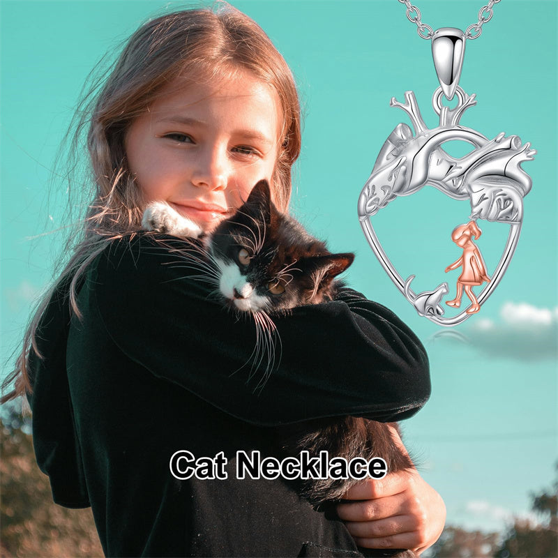 Sterling Silver Anatomical Heart Girl withr Dog Cat Pendant Necklace