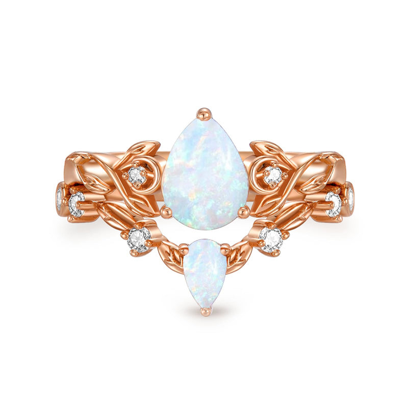 Sterling Silver 10K 14K 18K Gold Pear Cut Gemstone Leaf  Engagement Ring Set