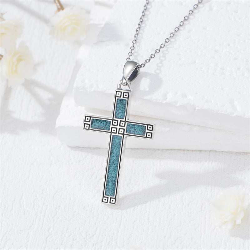 Sterling Silver Turquoise Obsidian Opal Necklace Christian Cross Pendant Necklace