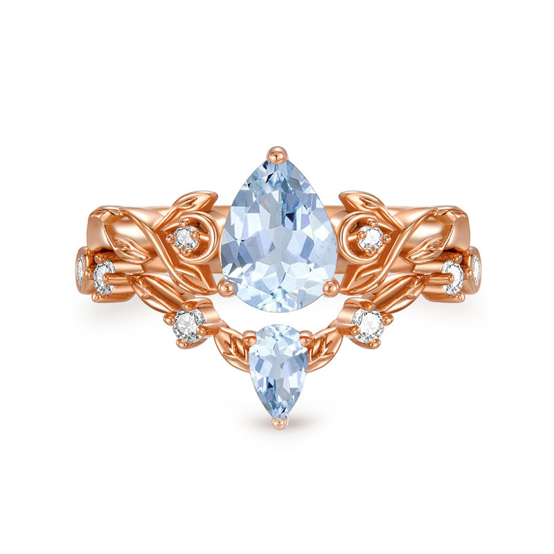 Sterling Silver 10K 14K 18K Gold Pear Cut Gemstone Leaf  Engagement Ring Set