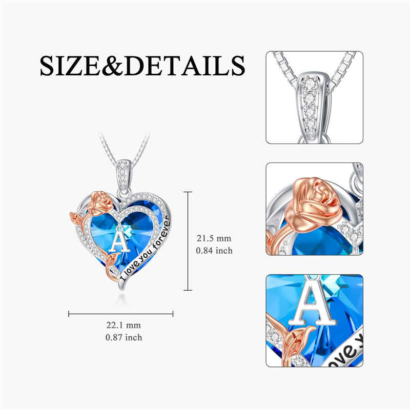 Sterling Silver Heart Crystal Initial Rose Pendant Necklace