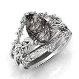 Sterling Silver 10K 14K 18K Personalized Engraved 2CT Natural Black Rutilated Quartz Engagement Ring Set