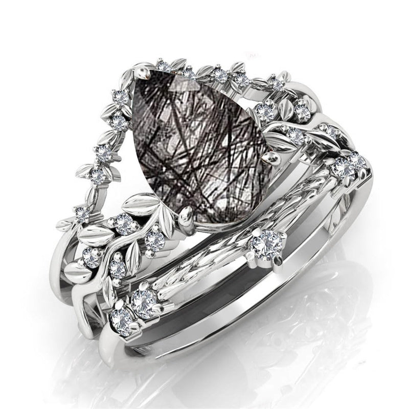 Sterling Silver 10K 14K 18K Personalized Engraved 2CT Natural Black Rutilated Quartz Engagement Ring Set