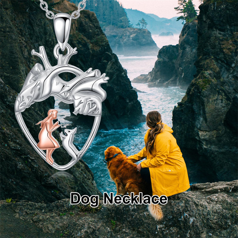 Sterling Silver Anatomical Heart Girl withr Dog Cat Pendant Necklace