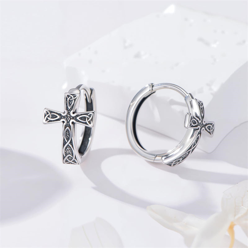 Sterling Silver Celtic Cross Hoop Dangle Earrings