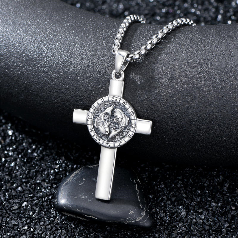 Sterling Silver 12 Constellation Cross Pendant Necklace