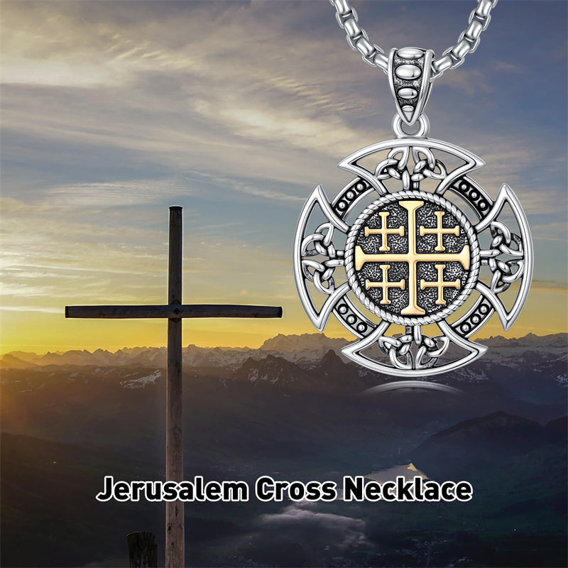 Sterling Silver Jerusalem Cross Pendant Necklace for Men