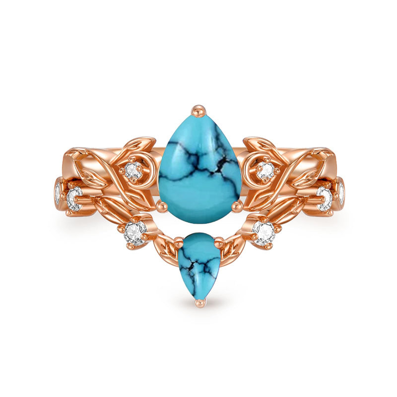 Sterling Silver 10K 14K 18K Gold Pear Cut Gemstone Leaf  Engagement Ring Set