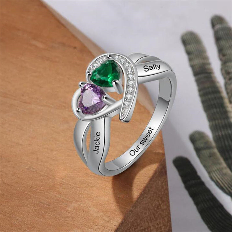 10K 14K 18 K Gold Personalized Engraved 2 Simulated Heart Birthstone Ring