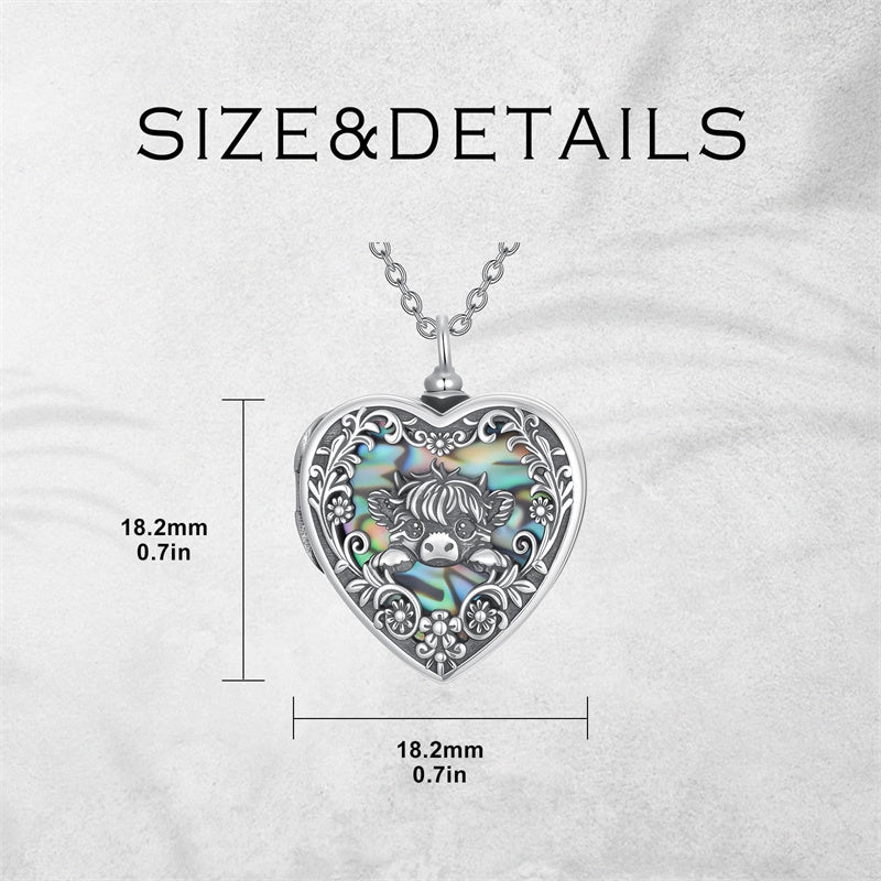 Sterling Silver Heart Abalone Shell Personalized Highland Cow Urn Necklace for Ashes