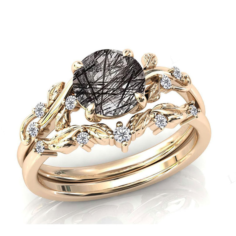 Sterling Silver 10K 14K 18K Personalized Engraved 2CT Natural Black Rutilated Quartz Engagement Ring Set