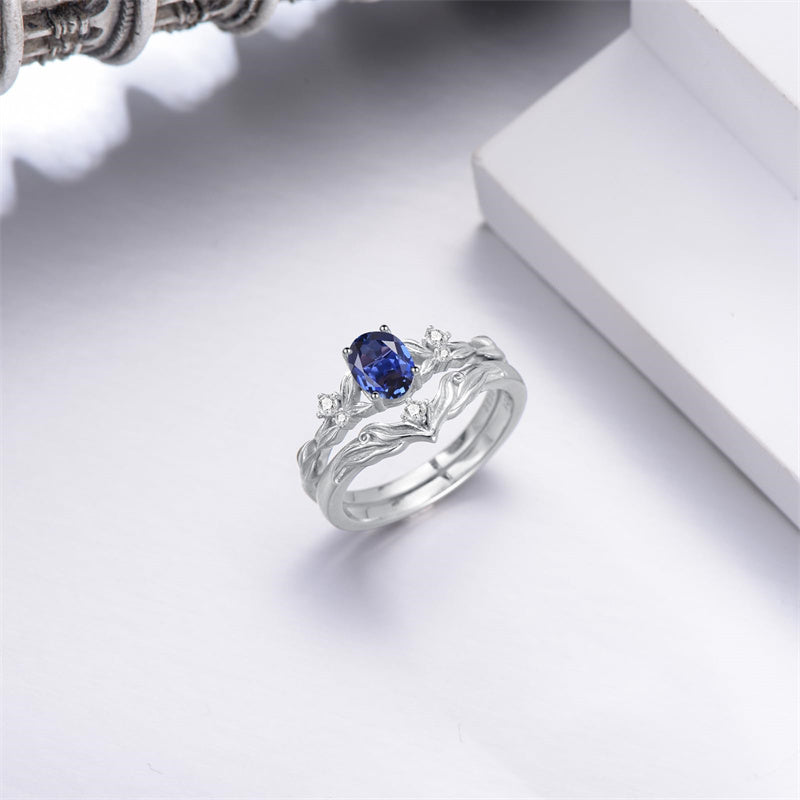 Sterling Silver 10K 14K 18K Gold  Oval Cut Unique Vine Gemstone Wedding Ring Set