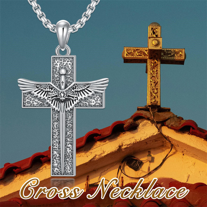 Sterling Silver Cross Christian Pendant Necklace for Men