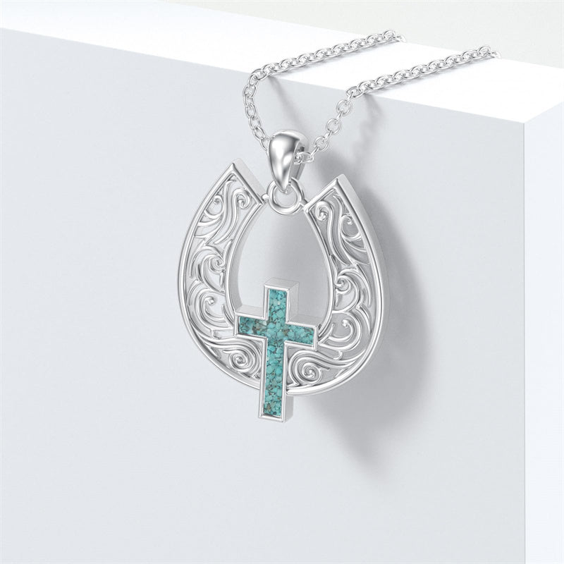 Sterling Silver Turquoise Cross Bear Claw Cowboy Boot Pendant Necklace