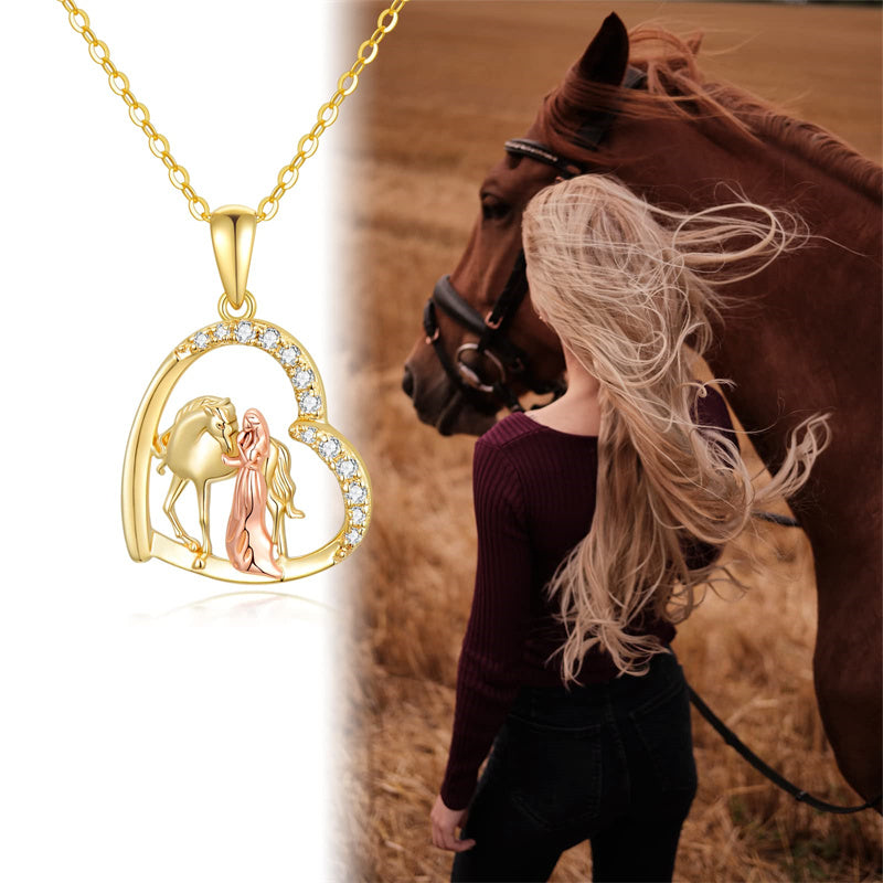 14K Gold Horse and Girl Heart Pendant Necklace