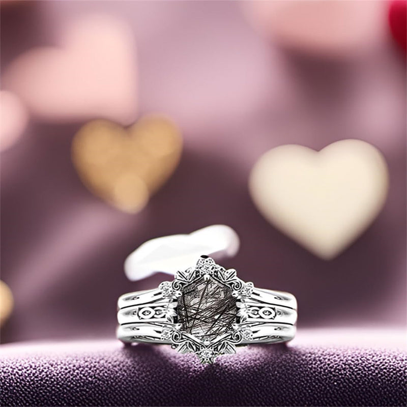 Sterling Silver 10K 14K 18K Personalized Engraved 2CT Natural Black Rutilated Quartz Engagement Ring Set