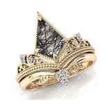 Sterling Silver 10K 14K 18K Personalized Engraved 2CT Natural Black Rutilated Quartz Engagement Ring Set