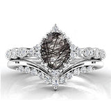 Sterling Silver 10K 14K 18K Personalized Engraved 2CT Natural Black Rutilated Quartz Engagement Ring Set